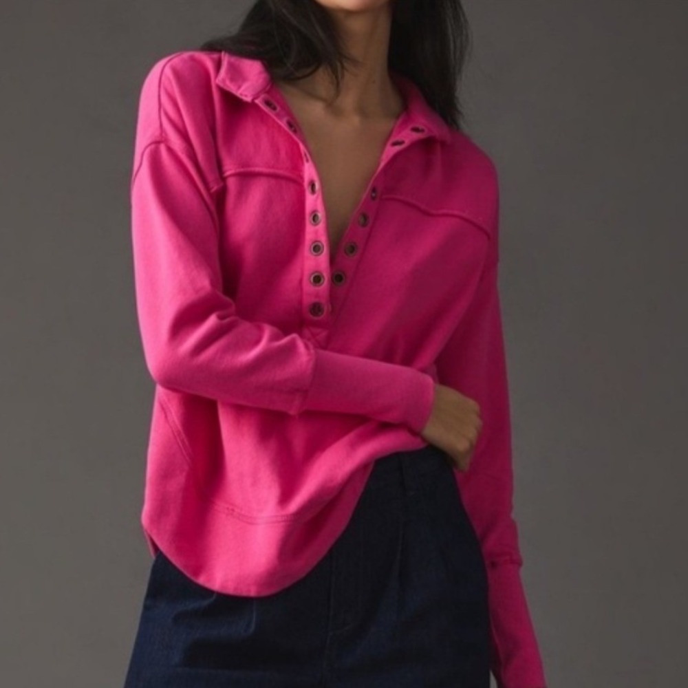 Pilcro and the Letterpress Hot Pink Cotton Grommet Henley Pullover‎ Sweatshirt S